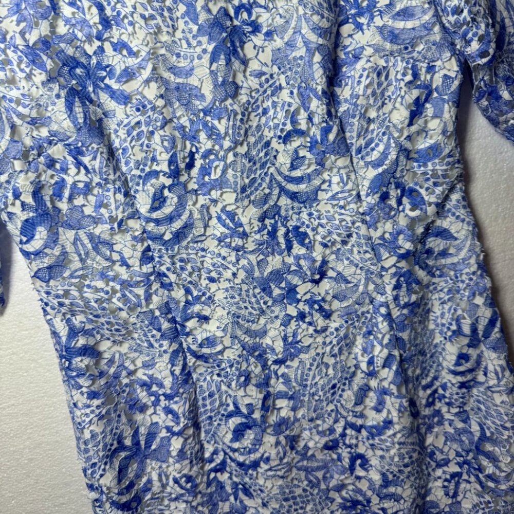 Antonio Melani Womens Size 8 Blue White Lace Floral Sheath Dress Scalloped Hem - Picture 8 of 12